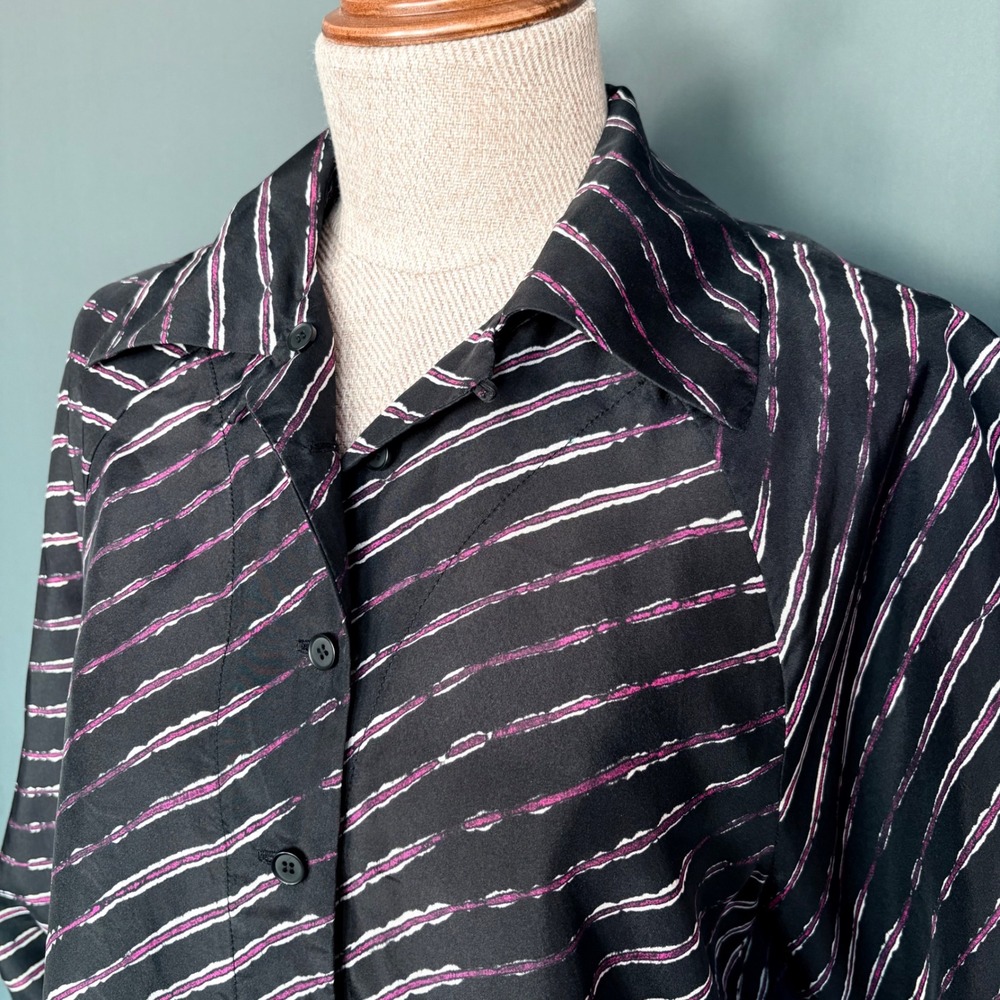 Raquel Allegra Silk Striped Button Up Top With Bows | Sz M | Festive Black